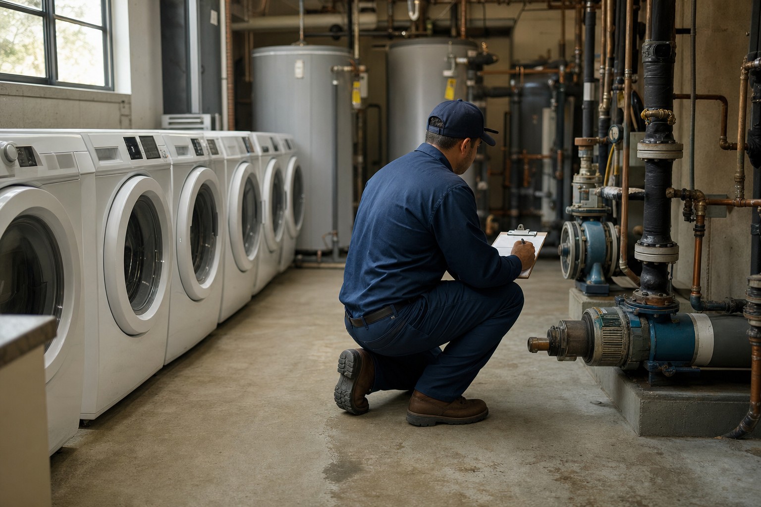 Commercial plumber checking equipment beside a shared apartment laundry room
