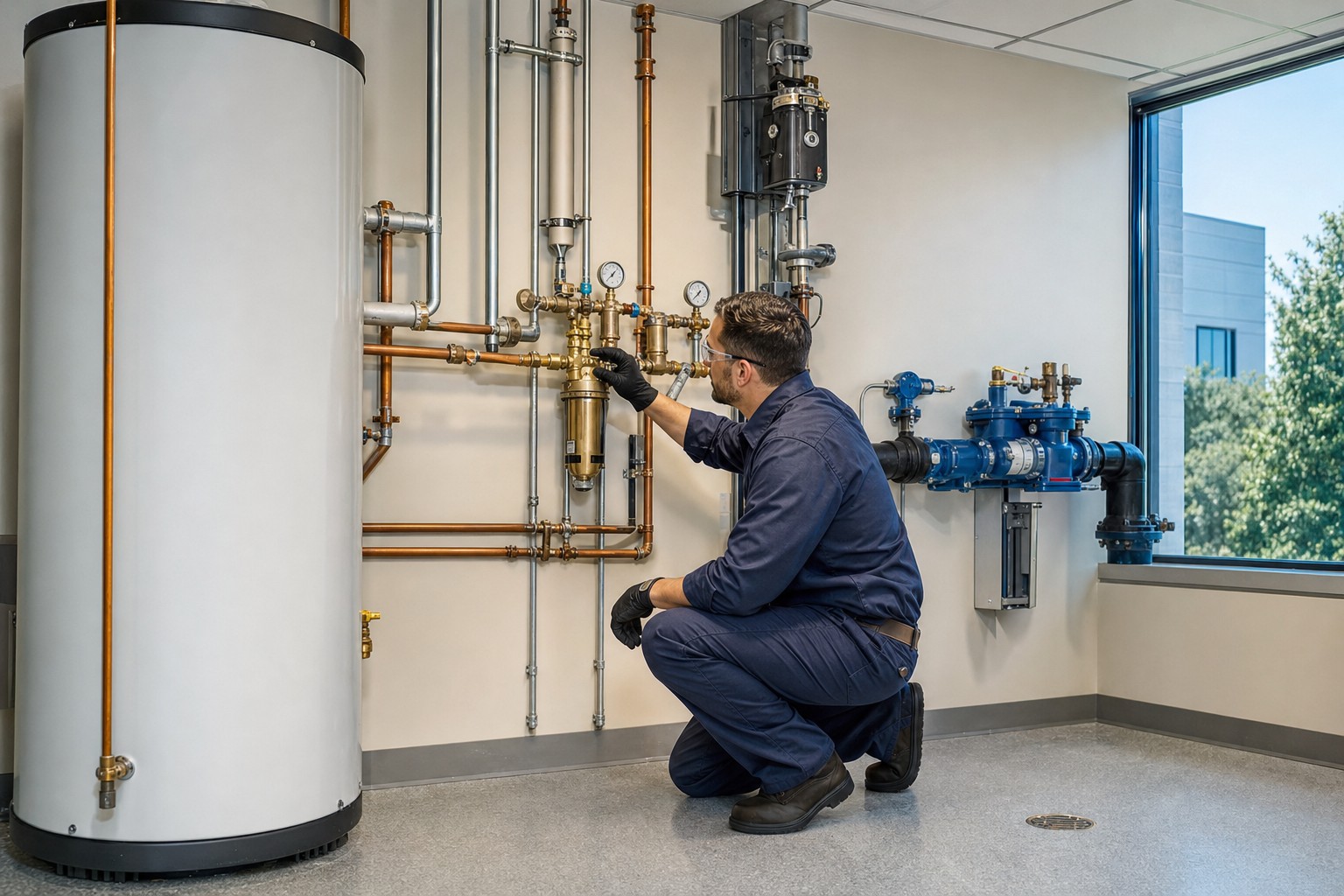 Commercial plumber checking a medical building water system