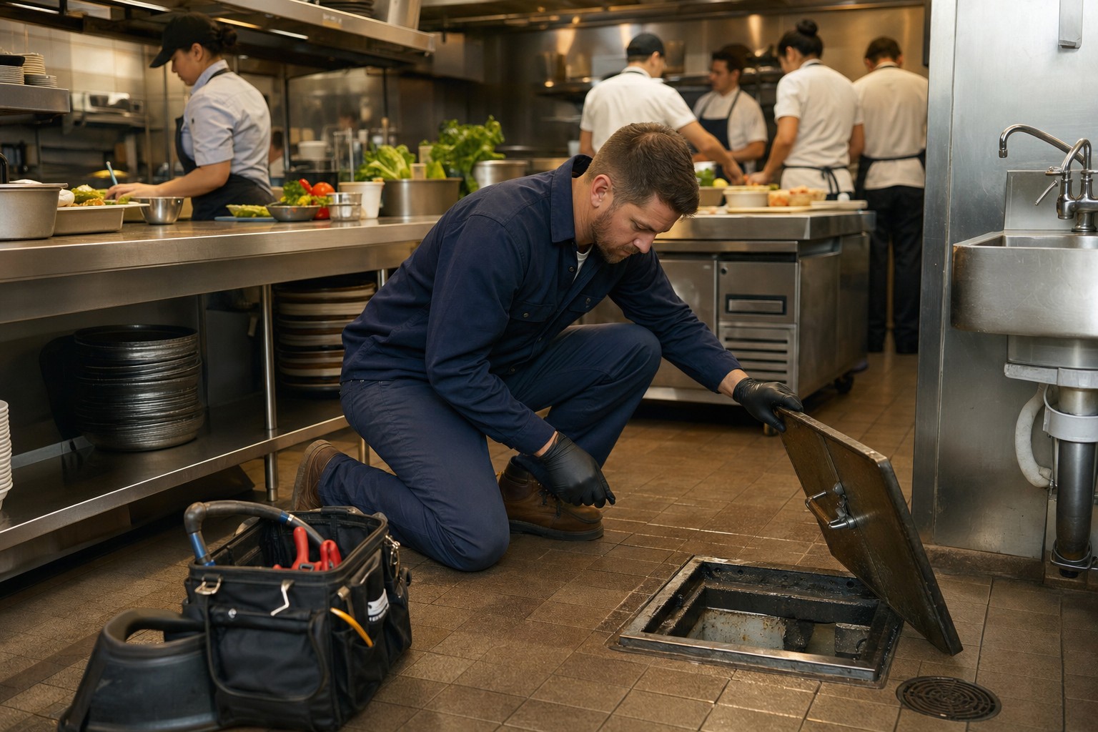 Commercial plumber inspecting a restaurant kitchen floor drain