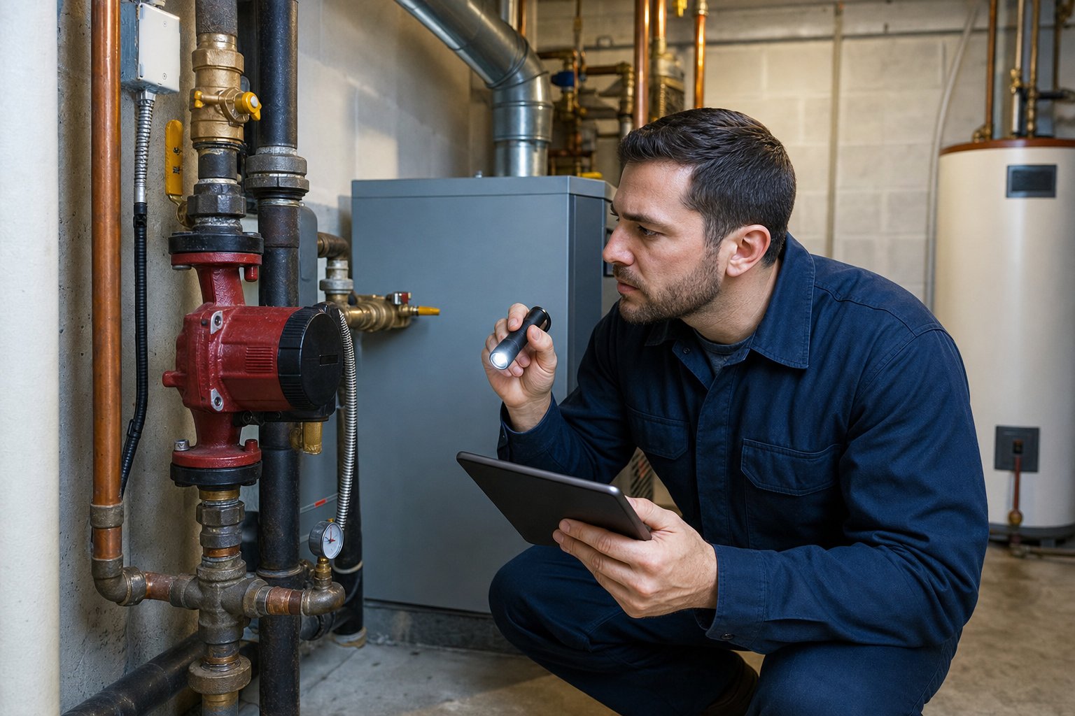 Commercial plumber inspecting boiler and recirculation equipment