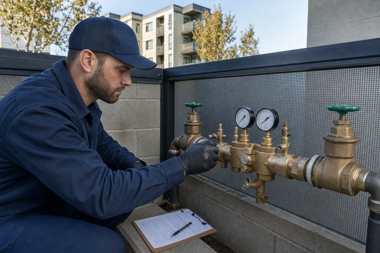 Commercial backflow tester checking an assembly with gauges