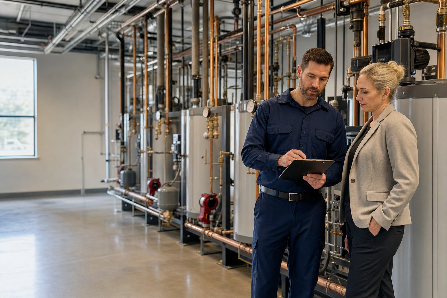 Commercial plumber and property manager reviewing a clipboard in a mechanical room