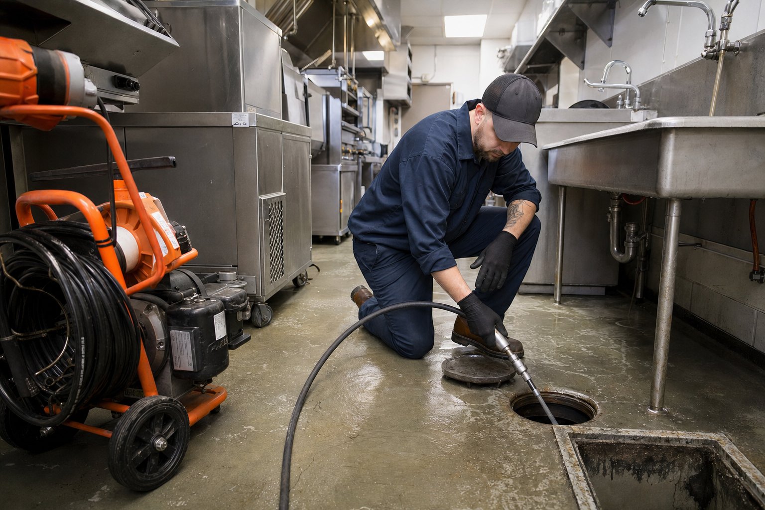 Commercial plumber completing drain jetting in a restaurant service area