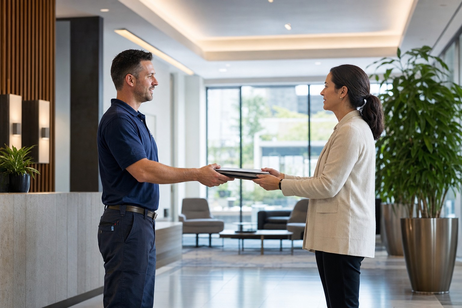 Plumbing office manager handing a vendor paperwork folder to a property manager in a building lobby