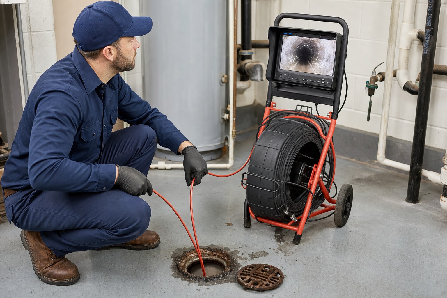 Commercial plumber running a sewer camera through an apartment building cleanout while viewing the pipe monitor